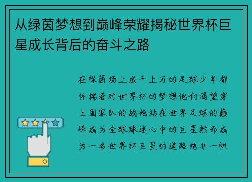 从绿茵梦想到巅峰荣耀揭秘世界杯巨星成长背后的奋斗之路 从绿茵梦想到巅峰荣耀揭秘世界杯巨星成长背后的奋斗之路